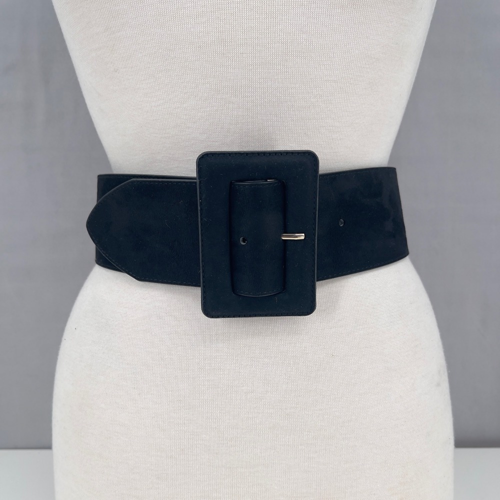 H&M Womens S Wide Waist Belt Black Oversized Rectangular Buckle Statement Matte